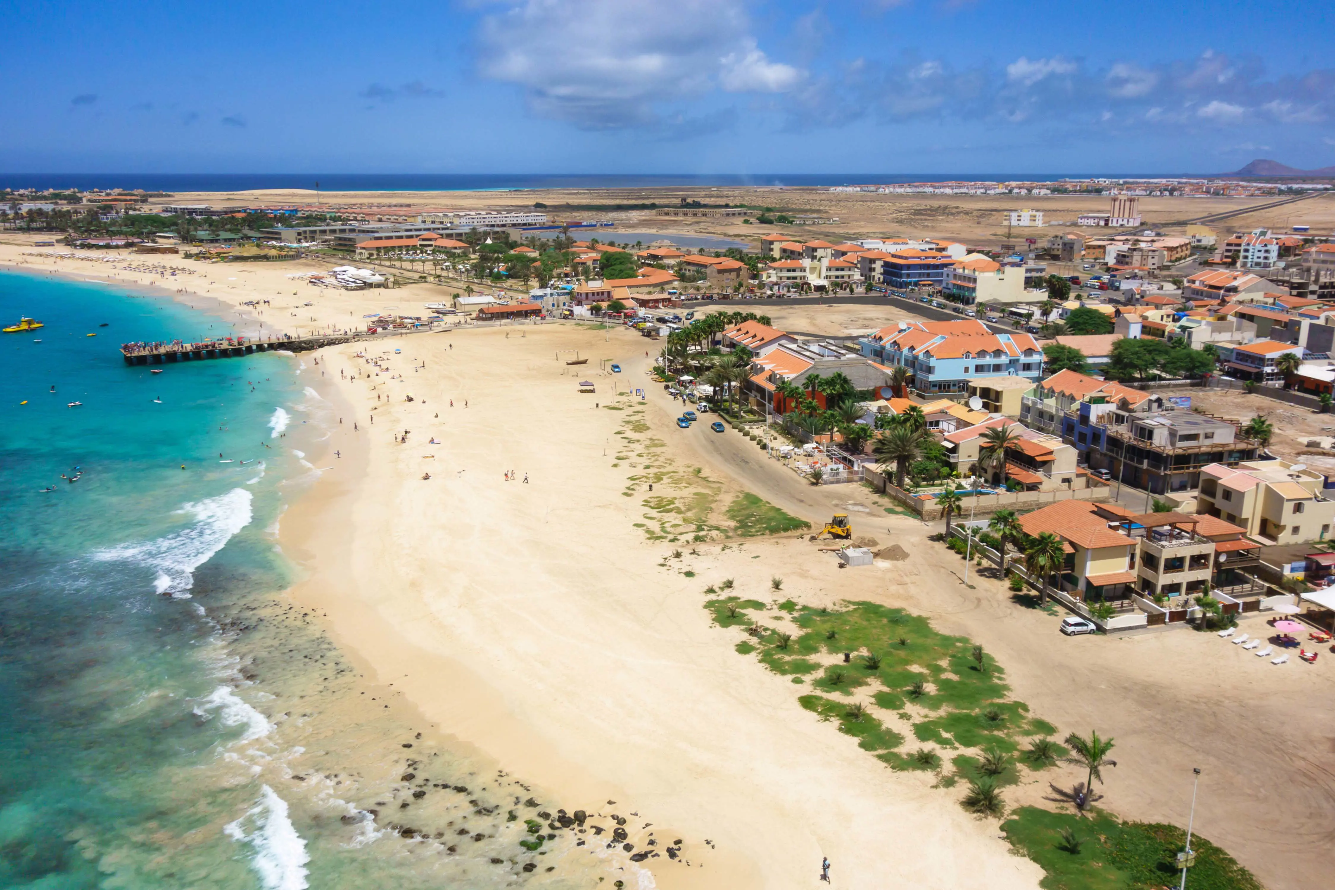 Travel to Cape Verde - aerial view on a long beach around the coast of Cape Verde