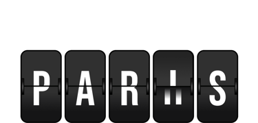 Rotating flip clock displaying the word "Paris" in bold white letters on a black background.