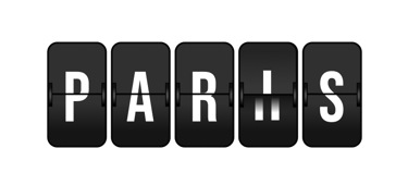 Black and white sign with the text "PARIS" in the style of a rolling timetable board.