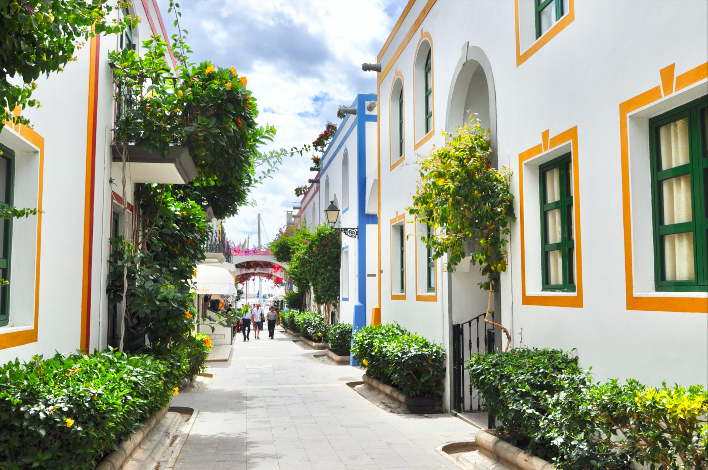 Charmig smal gata med traditionella vita hus och färgglada accenter, gröna fönsterluckor, och blommande växter i Marbella, Spanien.
