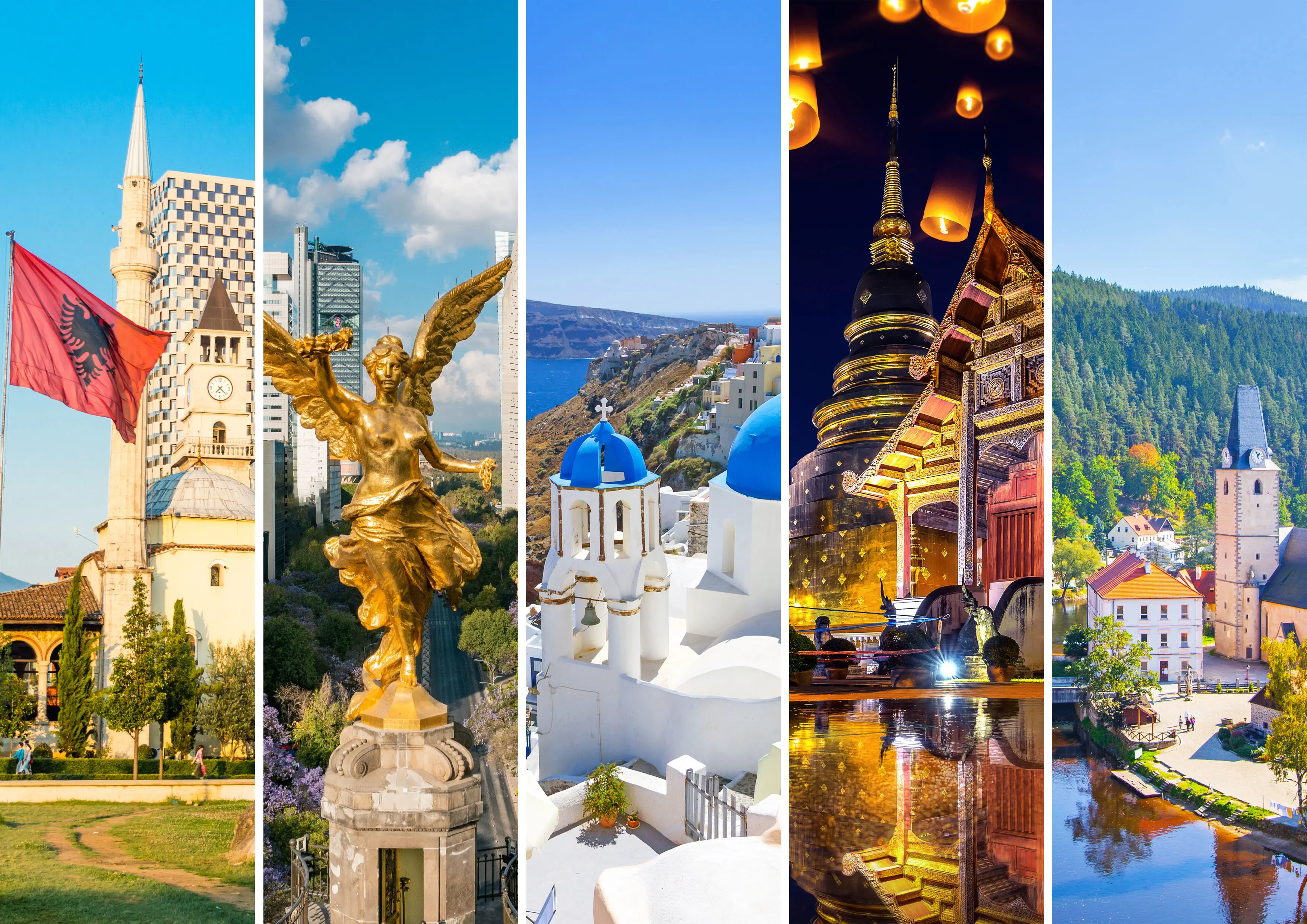 Collage av fem destinationer: Ett torn med albansk flagga, staty i en modern stad, vita och blå byggnader vid havet, upplyst tempel med gyllene detaljer, och pittoresk by med kyrka omgiven av skog.