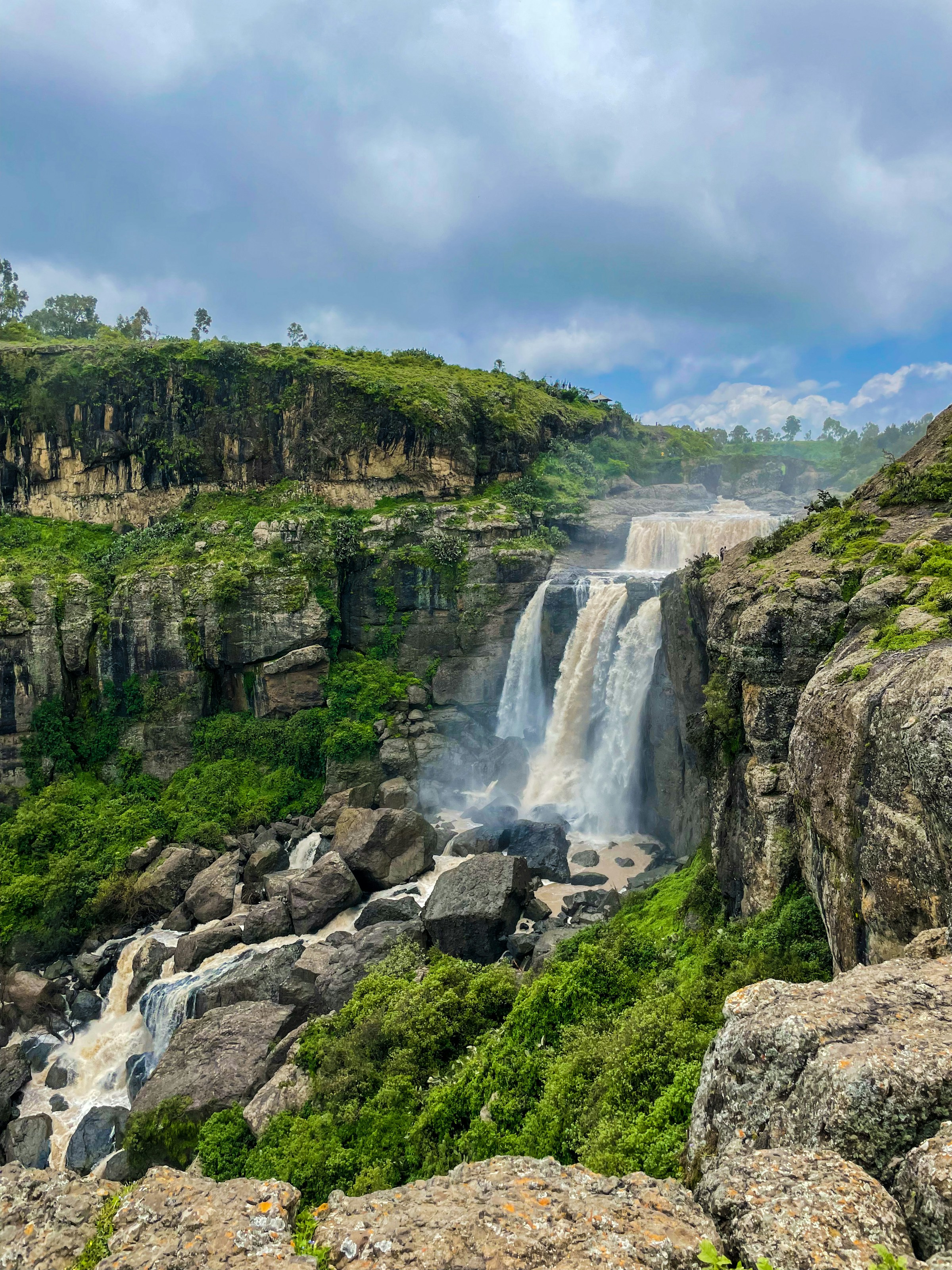 Majestätiskt vattenfall omringat av grönskande klippor och vegetation under molnig himmel i Etiopien.