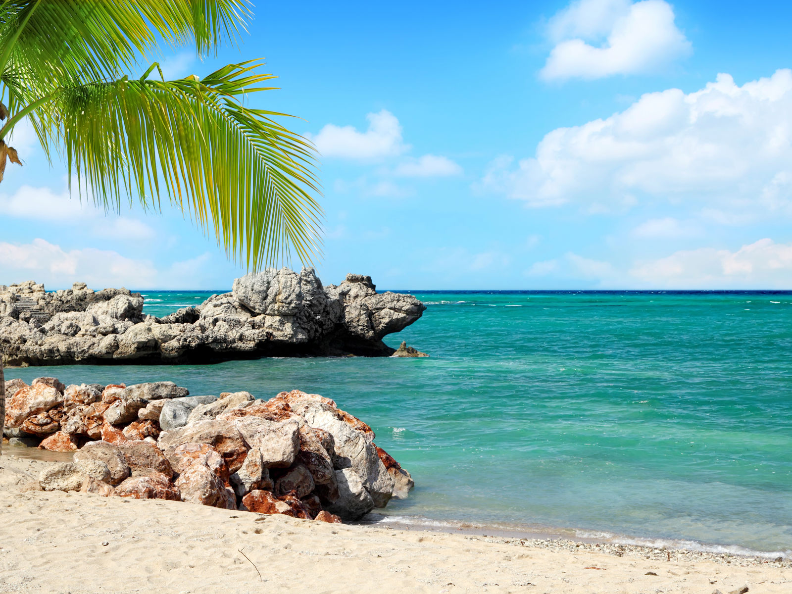 Resa till Haiti - Tropisk strand med palmer, klippformationer och turkost hav under blå himmel.