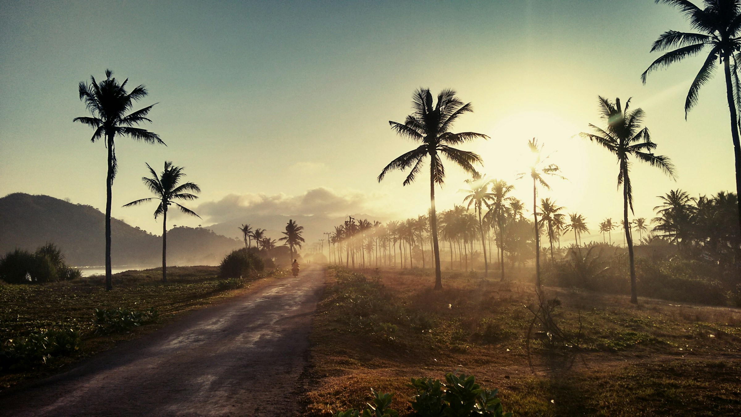 Solnedgång över en slingrande landsväg i Indonesien omgiven av palmer med berg i bakgrunden