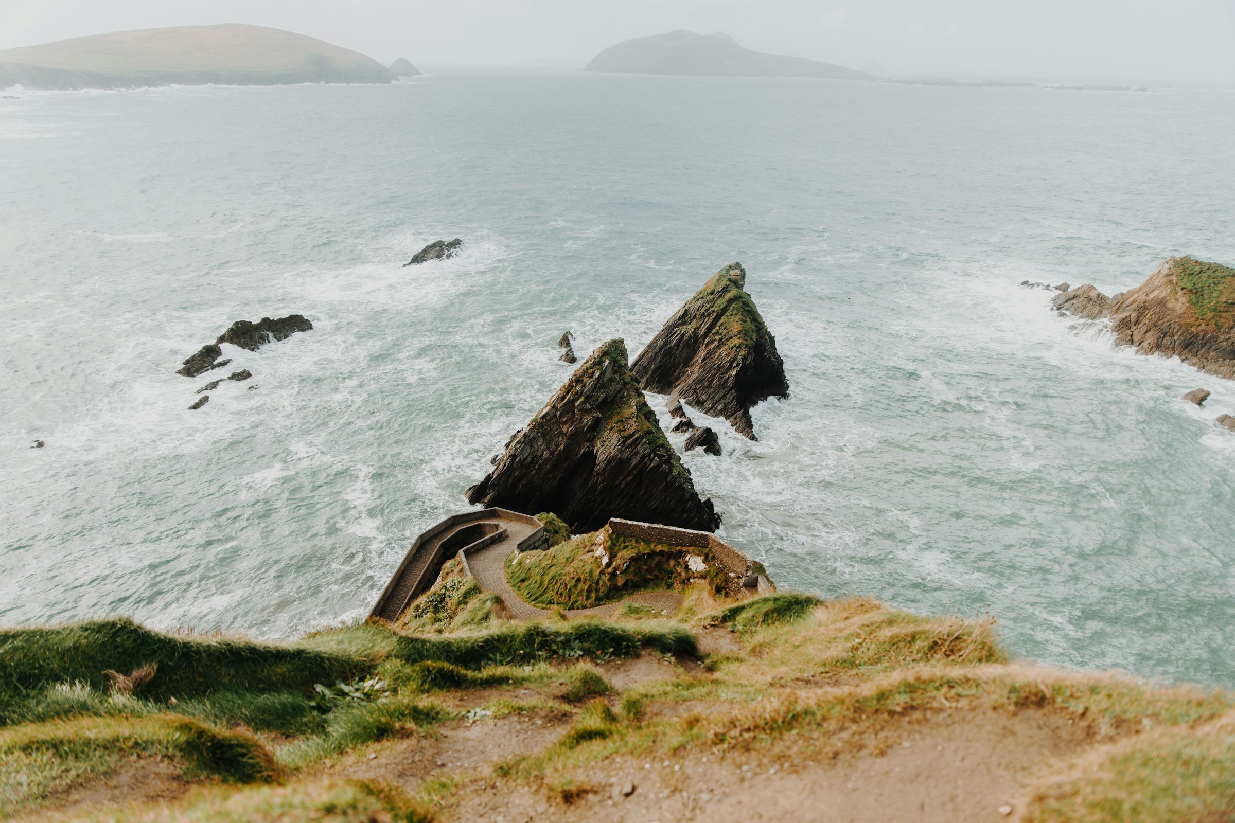 Vy över sluttning ner mot vattnet och kusten med en slingrande bilväg i grönskan på Irland