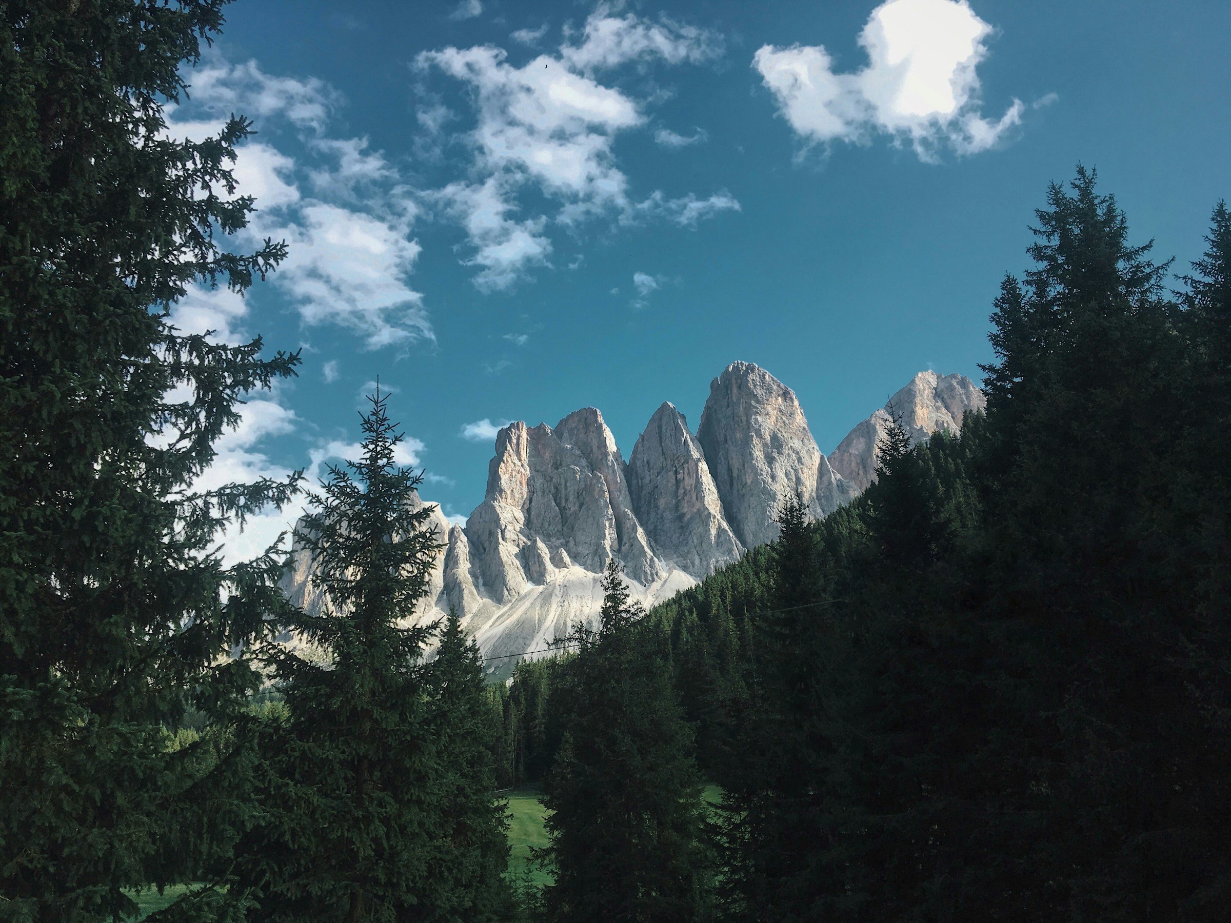 Mountain peaks with snow sticking up between green forest trees in Canazei, Italy