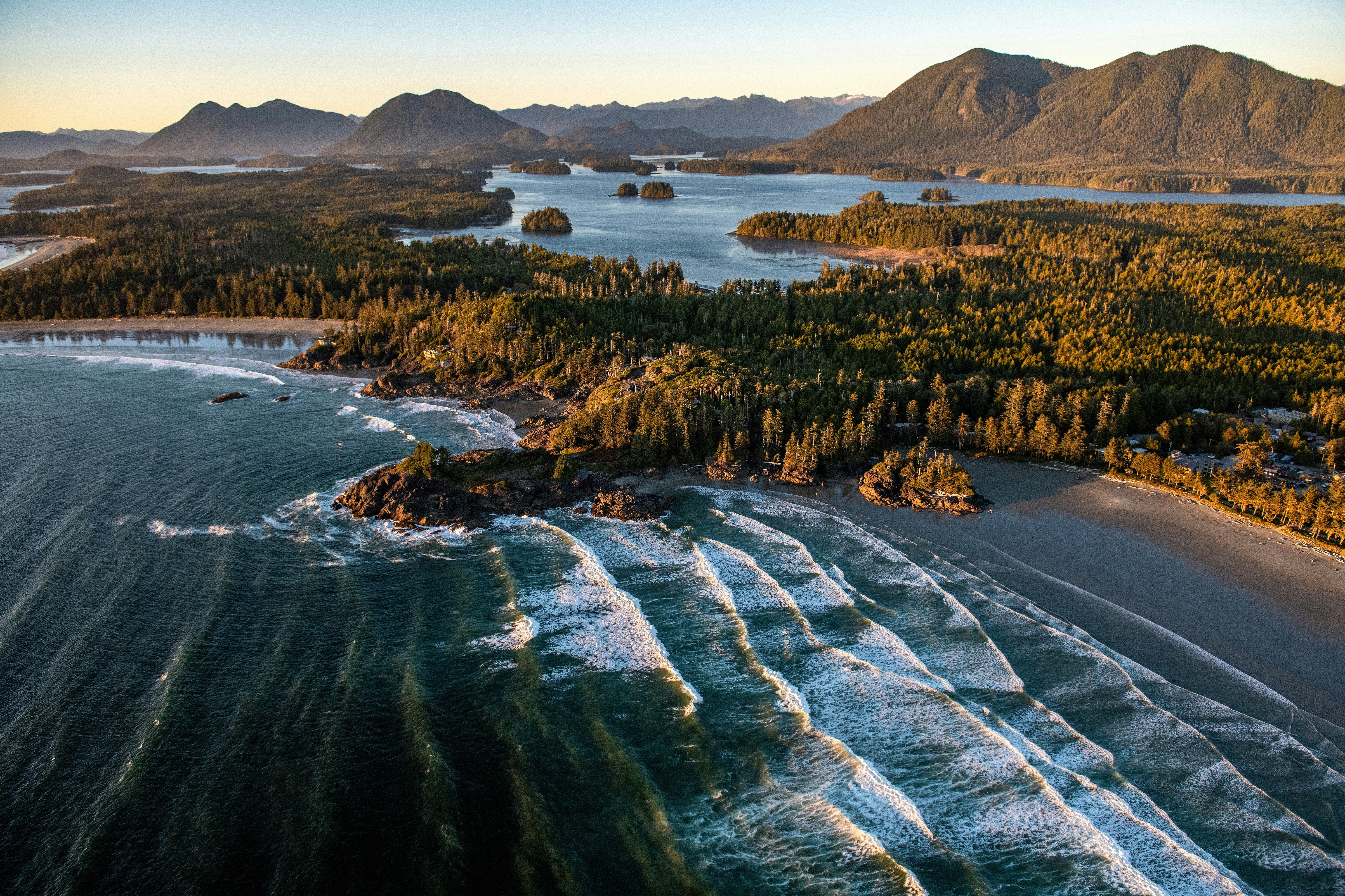 Vy ovanifrån på mörkt hav som möter klippor och tjock skog i utkanten av Vancouver i Kanada