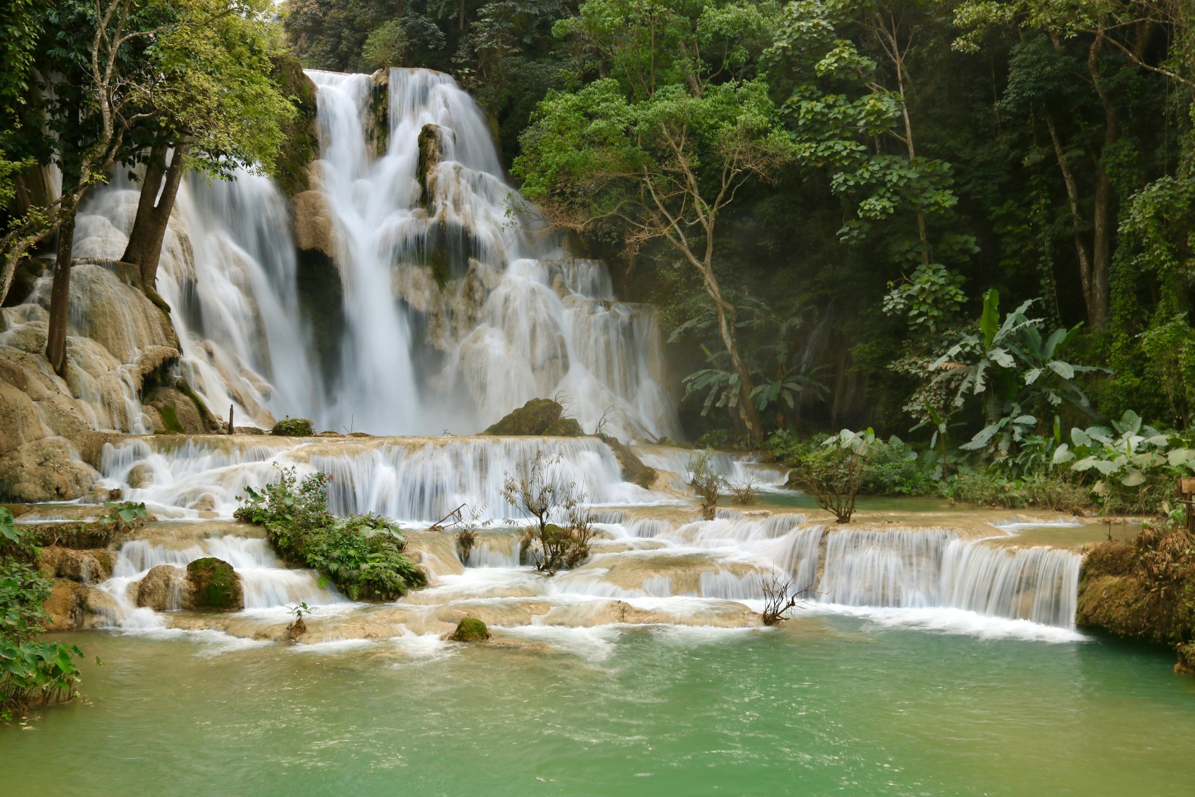 Vy över Kuang Si-vattenfallet i Laos med grönskande djungel runtomkring och vackert vatten