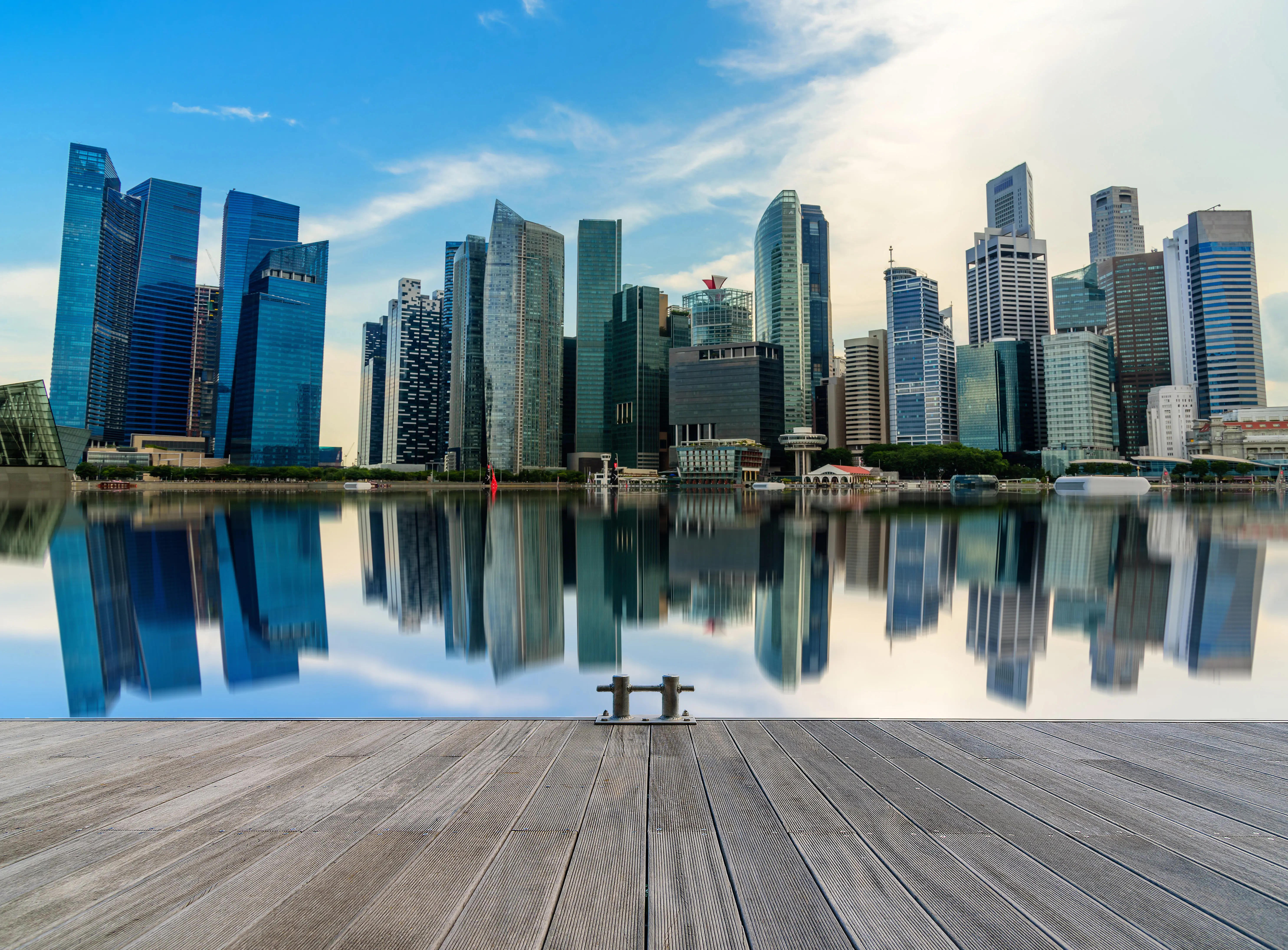 Resa till Singapore - Modern stadssilhuett med reflektion i vatten och förgrund av trätrall, stadspanorama med skyskrapor vid vattnet under klar himmel.