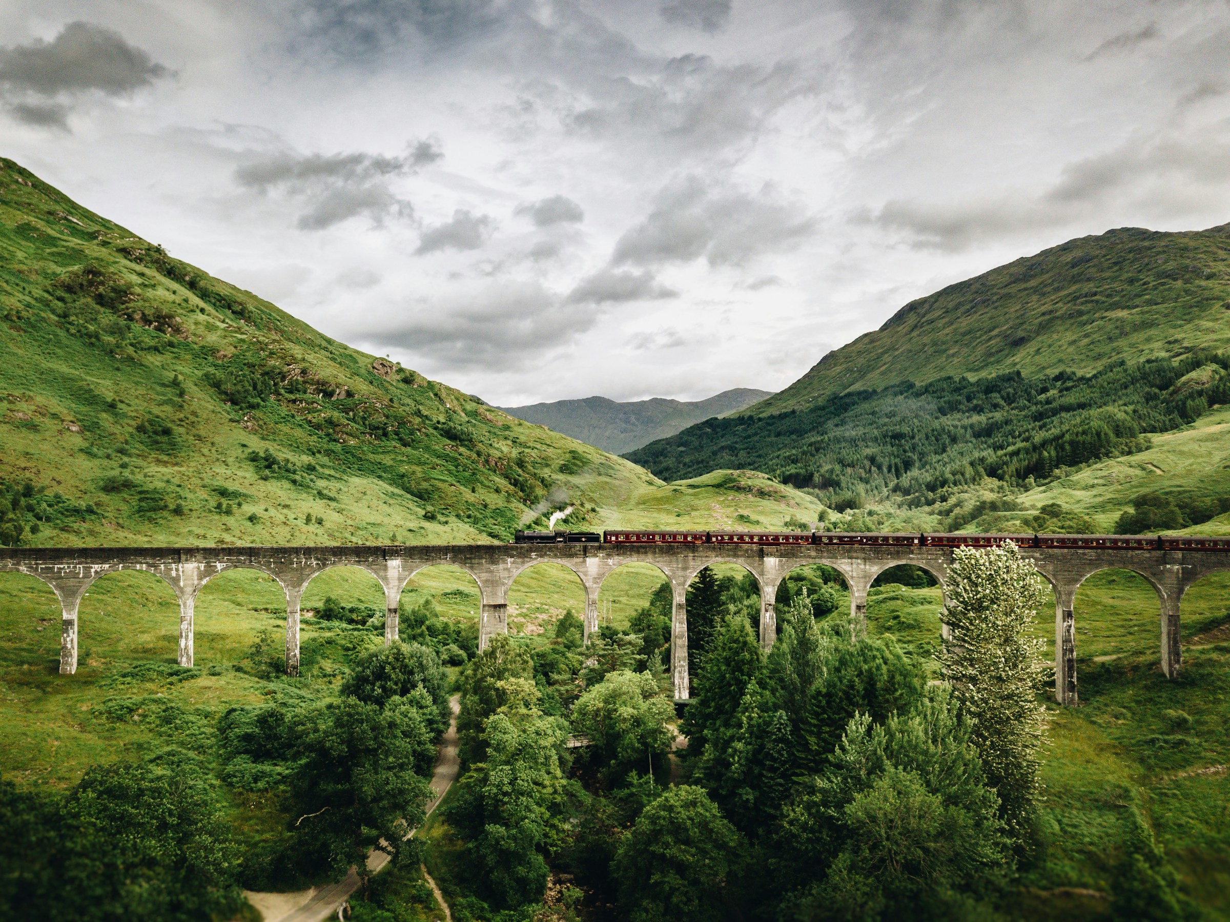 Ett tåg kommer åkande på Glennfinnan viadukten i Skottland med grönskade skog runtomkring