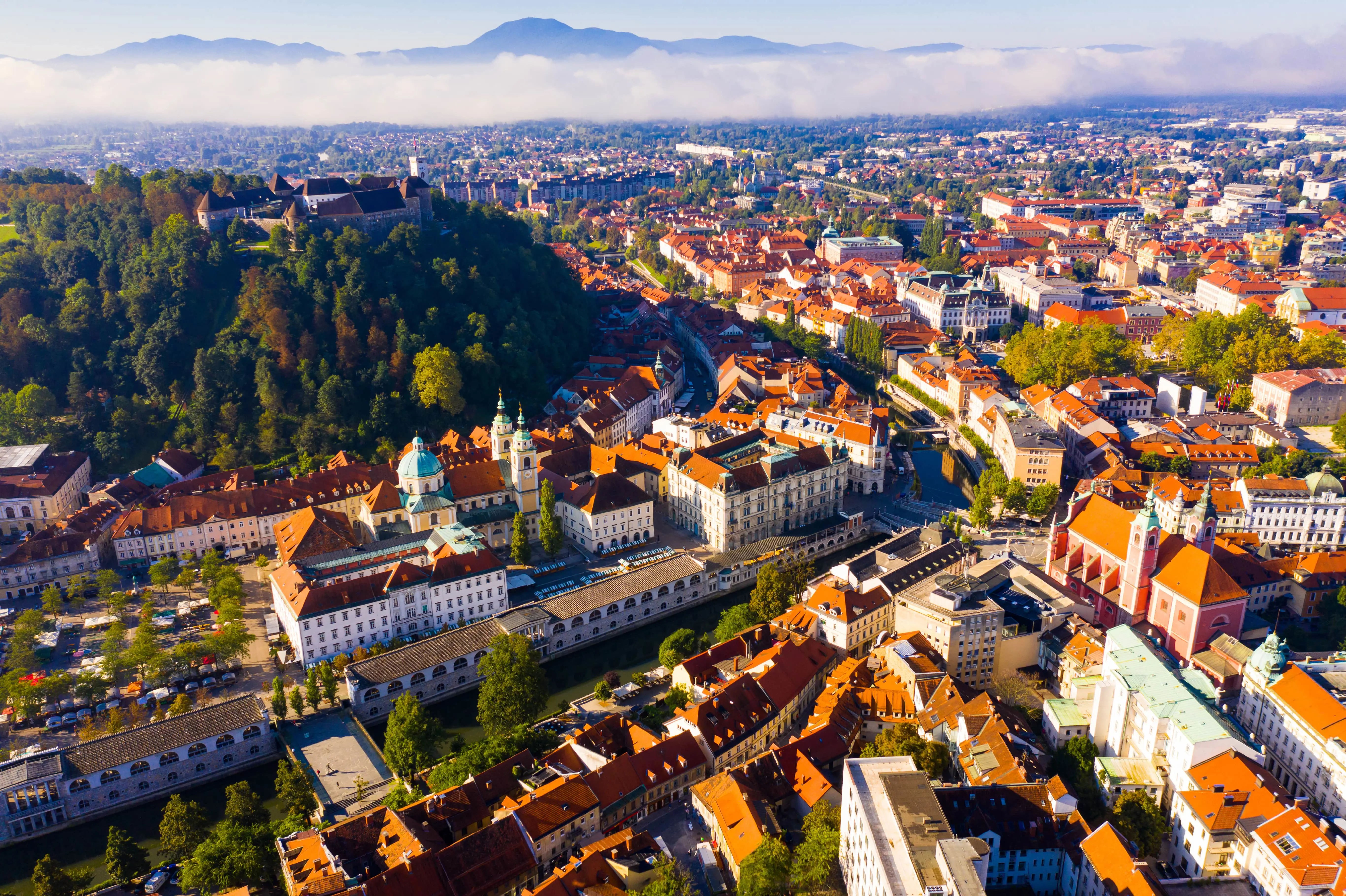 Resa till Ljubljana - Fågelvy över stadshus med grönskande skog bredvid sig och vackra berg och moln i bakgrunden