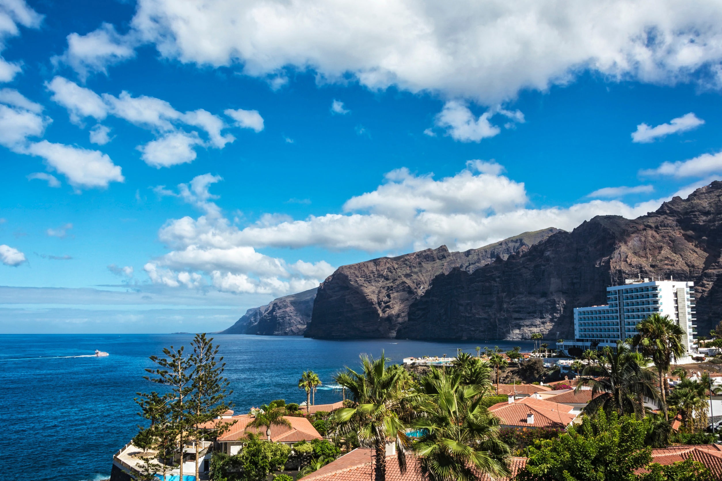 Palmträd och hustak vid kanten av kusten på Teneriffa med hav, himmel och berg i bakgrunden.