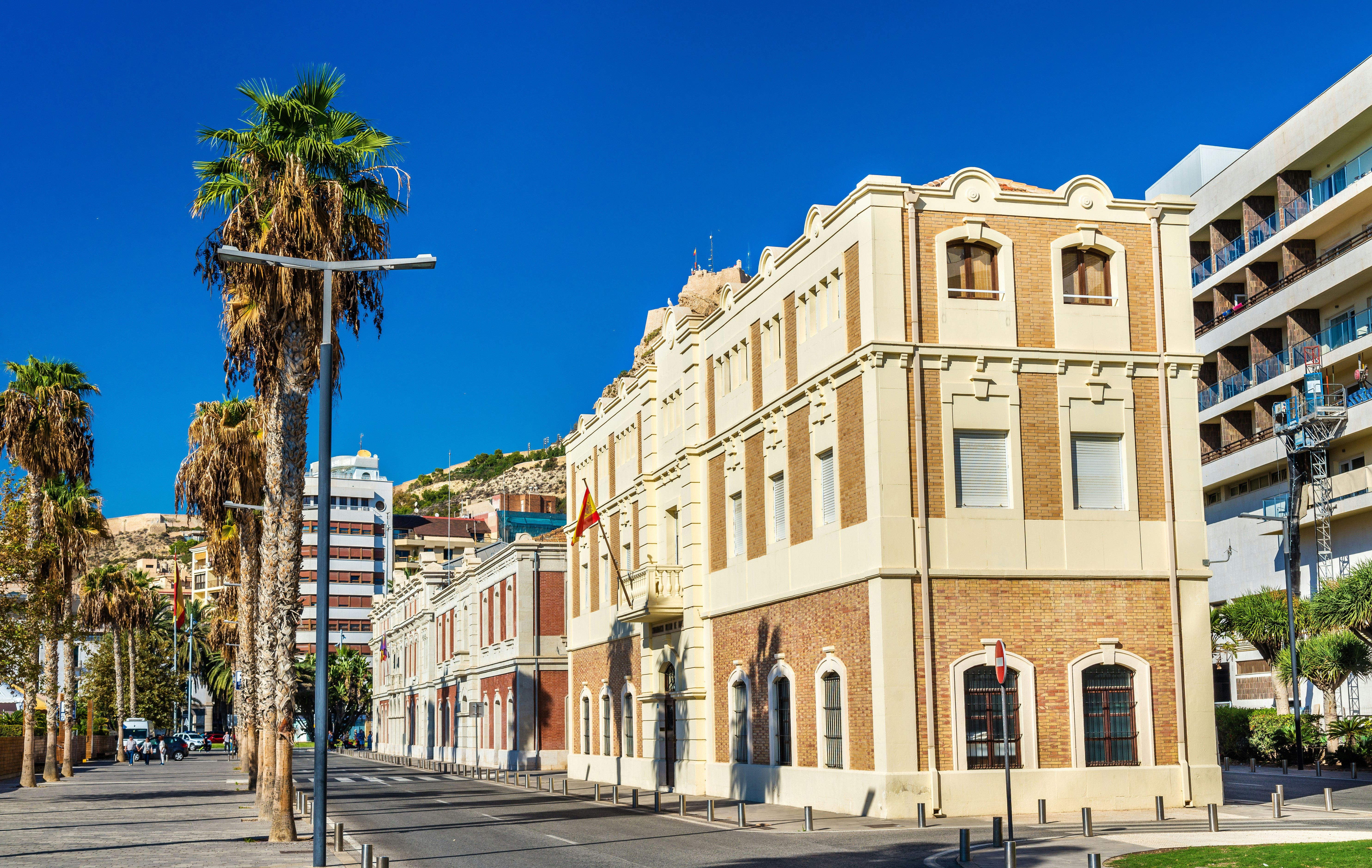 Solig stadsgata med historisk arkitektur och moderna byggnader blandat med palmer under en klarblå himmel i Alicante, Spanien.