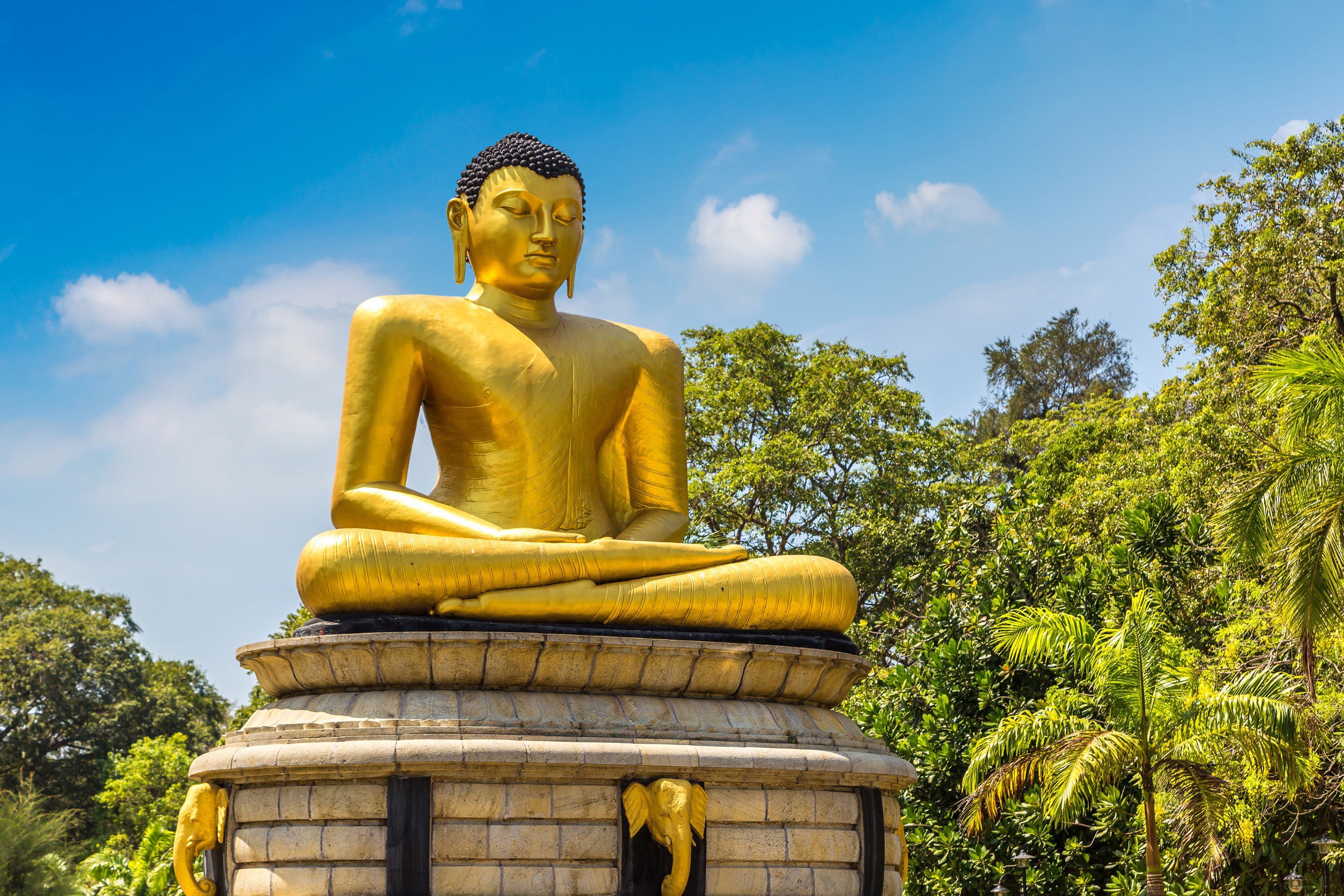 Golden Buddhist statue with palm trees around it in Colombo, Sri Lanka