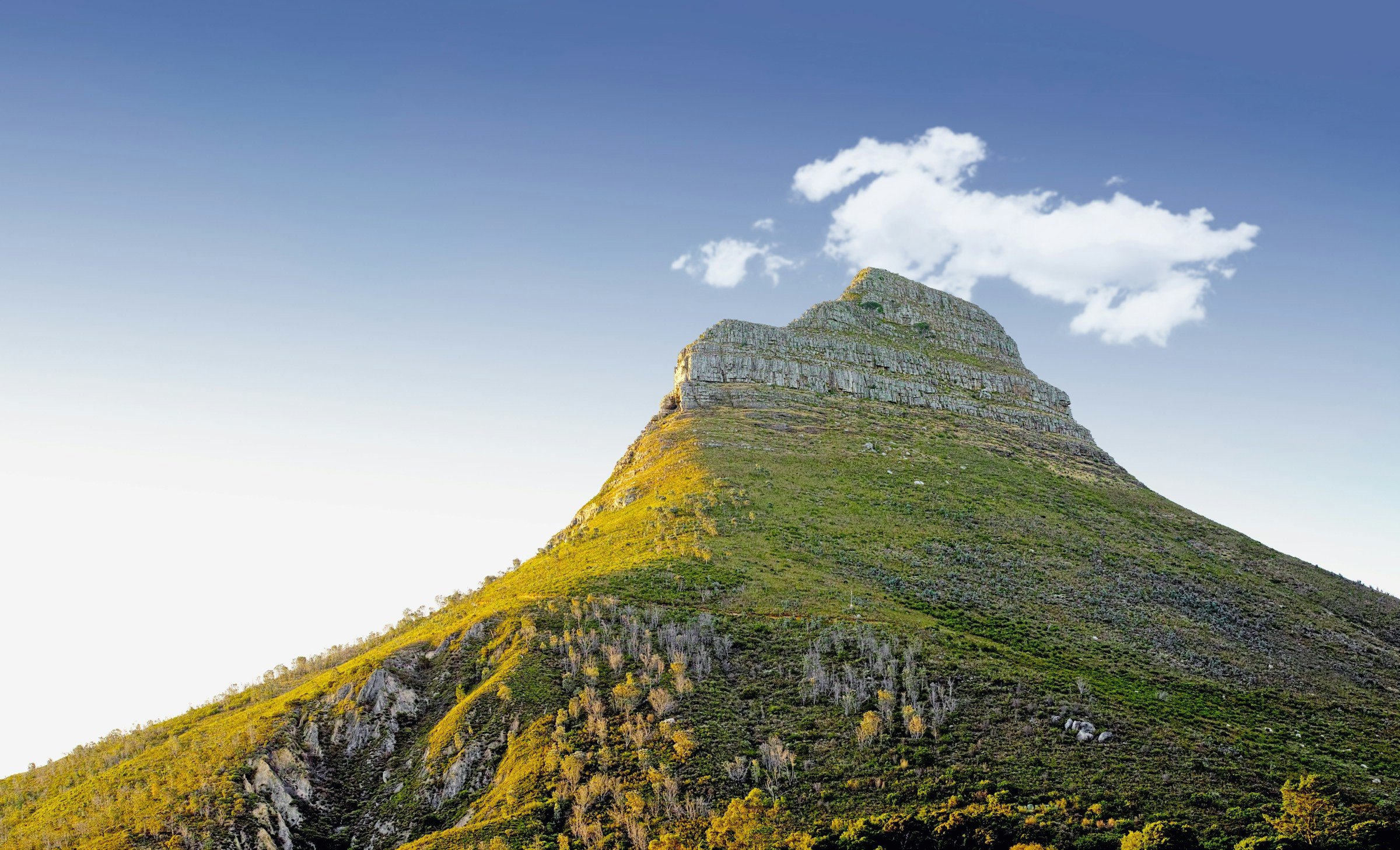 Vackert grönskande berg i Sydafrika  mot en blå himmel i tidig solnedgång