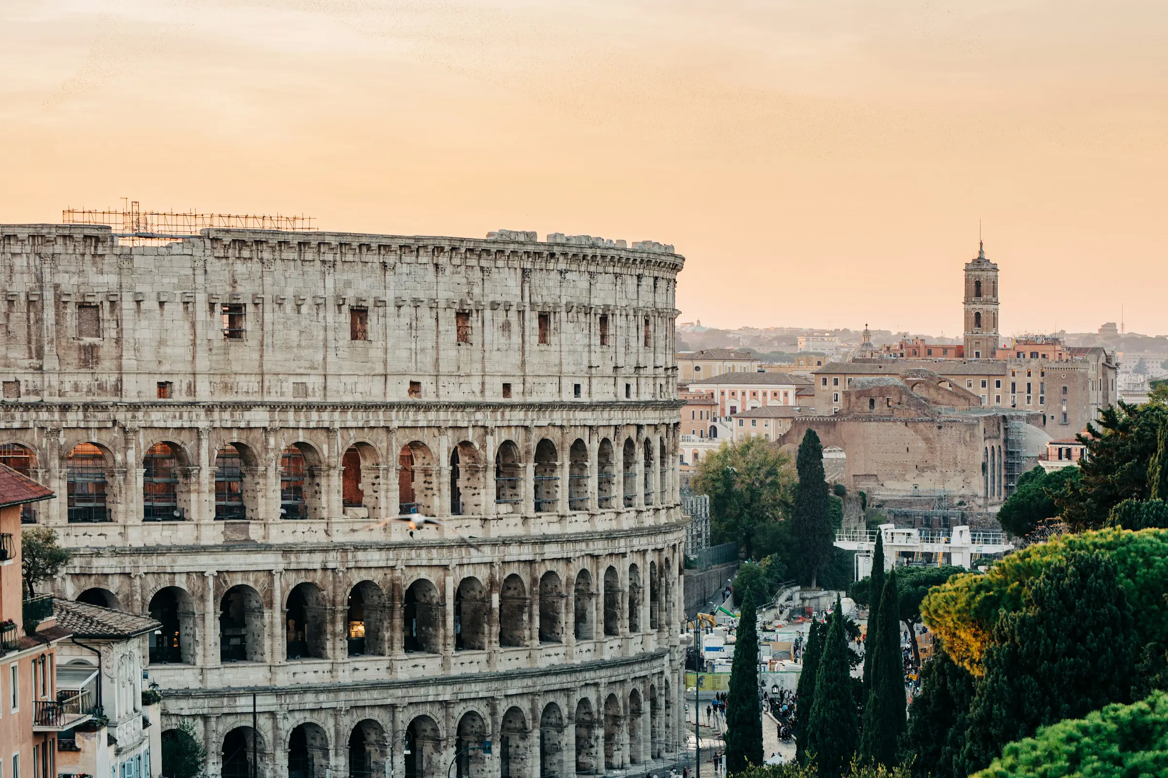 Resa till Rom - Solnedgång över colosseum i Rom med grönska