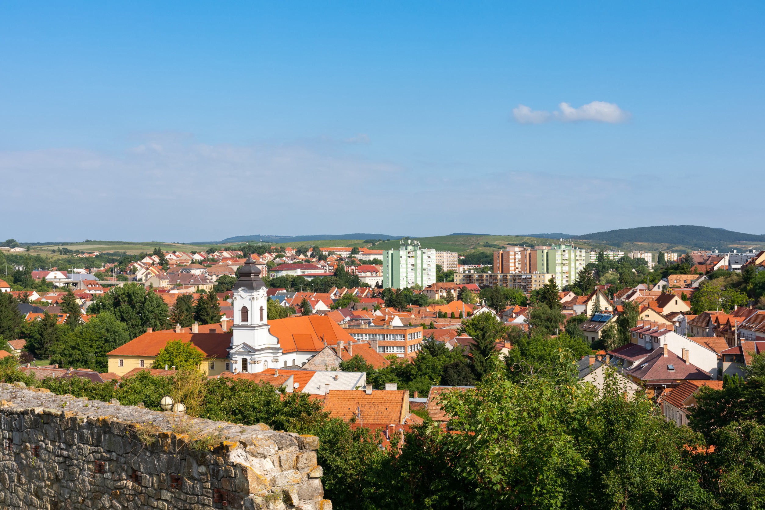 Vy över traditionell stad i Ungern med grönska runt hustak och en blå himmel i bakgrunden