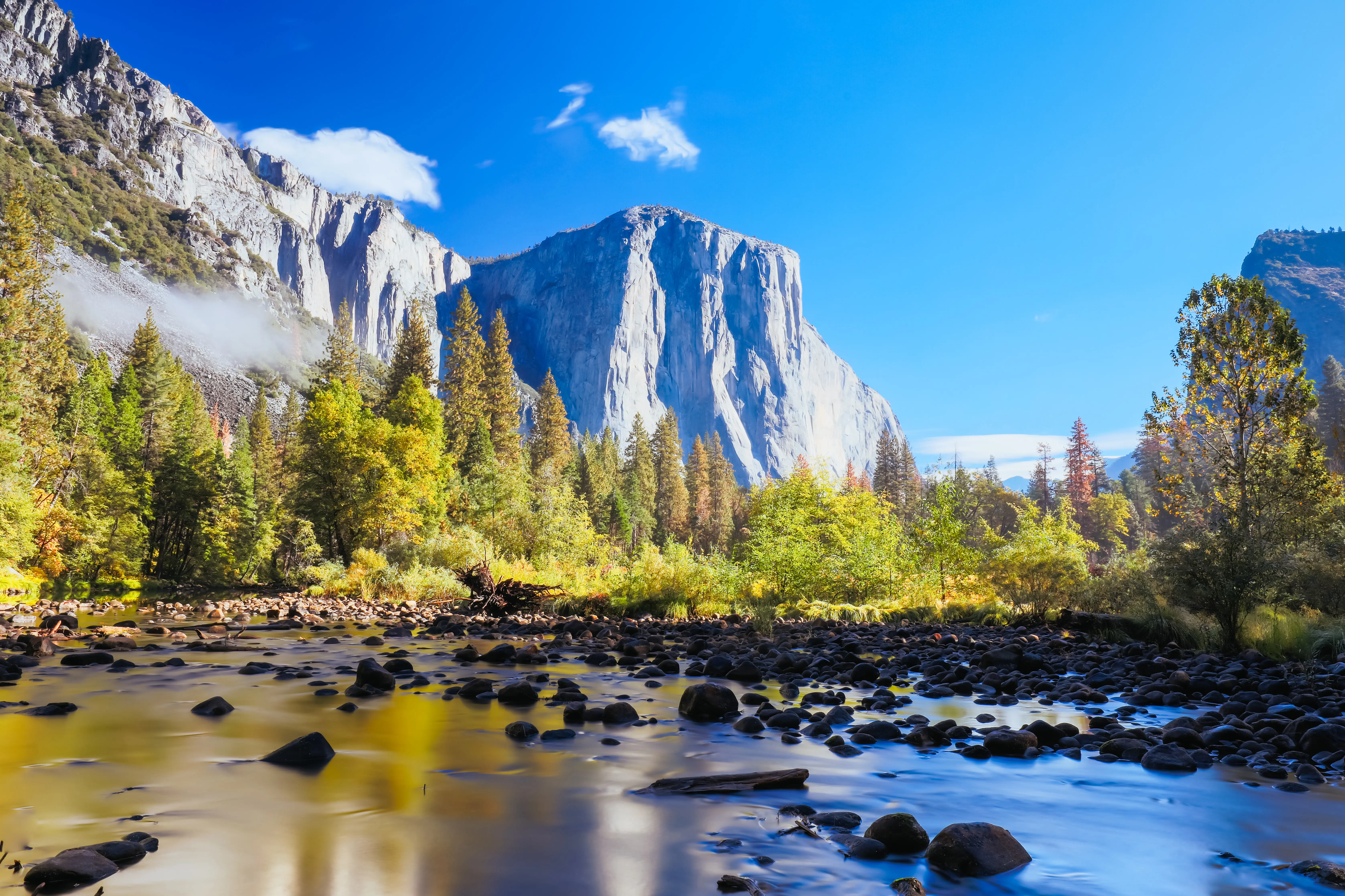 Resa till USA - Naturskönt foto av El Capitan i Yosemite nationalpark med klart blå himmel, majestätiska granitklippor och en fridfull flod omringad av färggranna höstträd och stenar.