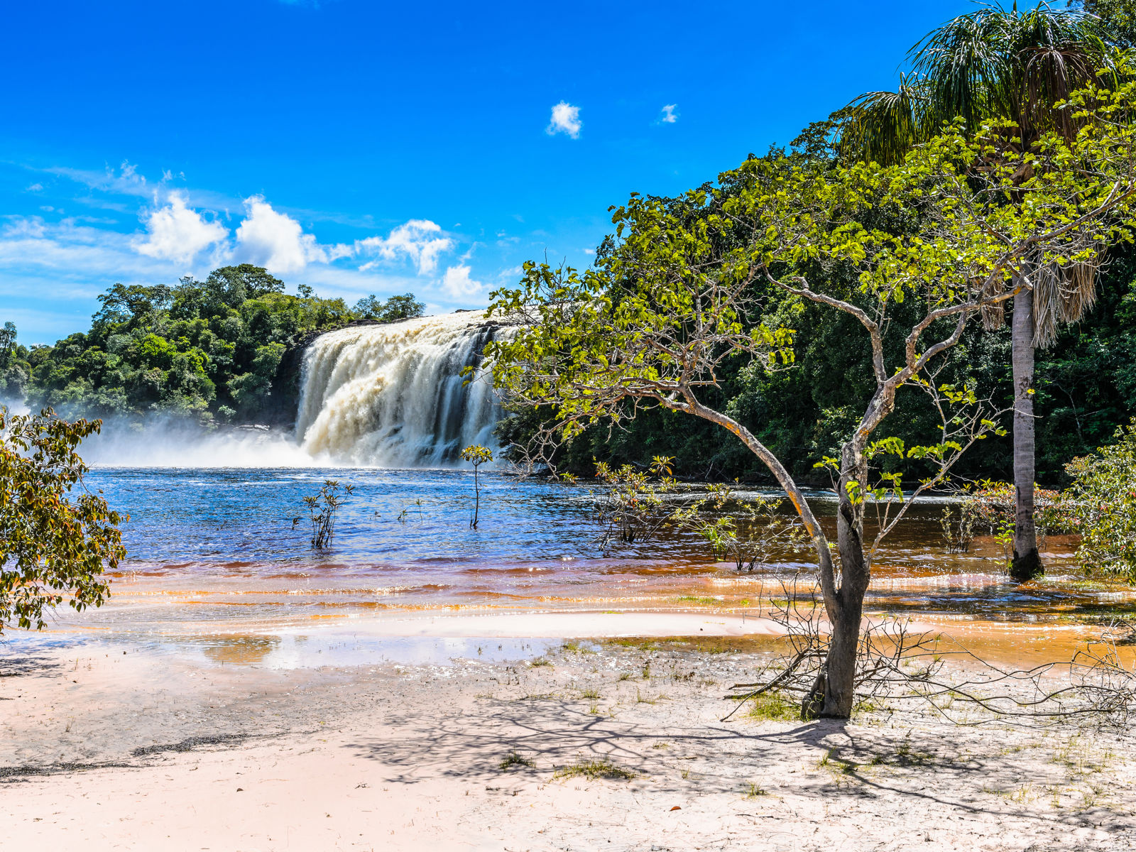 Resa till Venezuela - majestätiskt vattenfall i tropiskt landskap med frodig grönska och blå himmel.