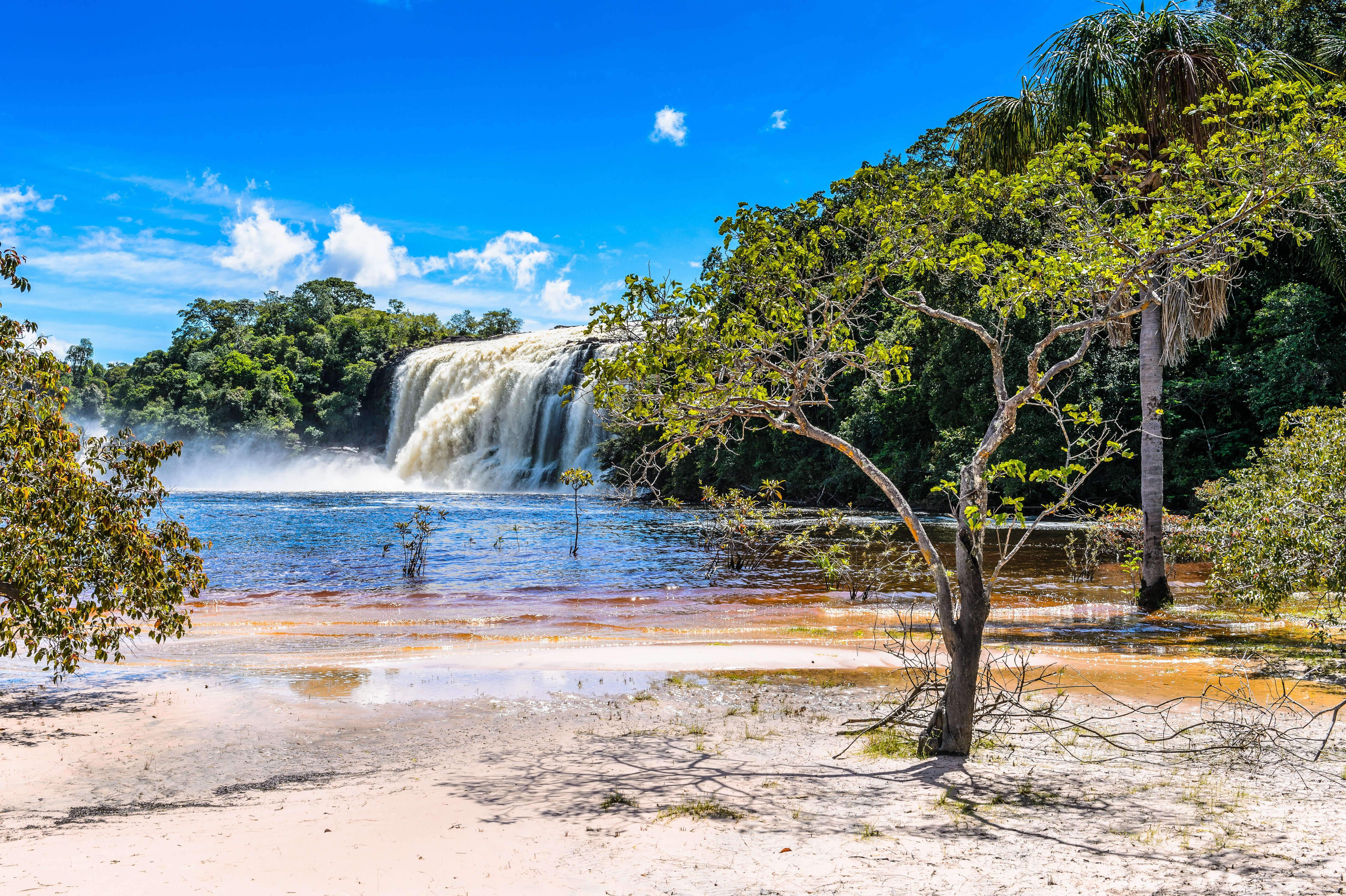 Resa till Venezuela - majestätiskt vattenfall i tropiskt landskap med frodig grönska och blå himmel.